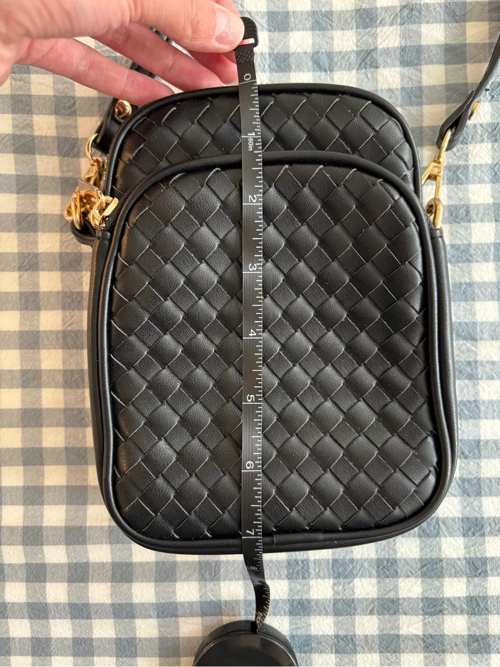 Black Woven Crossbody Bag with Gold Hardware
